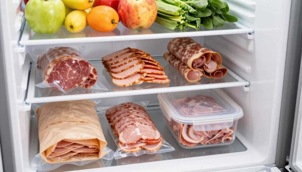 A well-organized refrigerator interior focusing on the optimal storage of cold cuts and deli meats. In the foreground, display neatly wrapped slices of various meats in butcher paper and vacuum-sealed bags. Include a transparent container with airtight lid holding freshly sliced meats. In the middle, show different compartments in the fridge filled with cold cuts, organized by types, ensuring a visually appealing arrangement. In the background, illustrate a variety of fruits and vegetables in their designated spots, enhancing the freshness feel. The lighting should be bright and even, mimicking natural daylight. Capture the scene from a slightly elevated angle to emphasize organization and cleanliness, fostering a mood of freshness and practicality for food storage.