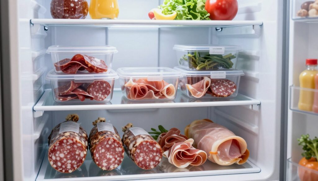A well-organized refrigerator interior showcasing various types of cured meats neatly stored in different zones. In the foreground, a close-up of packaged deli meats, including salami, prosciutto, and turkey, arranged methodically. The middle layer features clear containers and labeled sections indicating ideal storage durations for each type of meat. In the background, the shelves of the fridge are illuminated with cool, soft lighting, emphasizing freshness. The fridge door slightly ajar reveals a variety of condiments and vegetables, enhancing the overall refrigerator context. The atmosphere conveys a sense of order and efficiency, inviting the viewer to appreciate proper food storage practices. Focus on a realistic and clean aesthetic without any text or clutter.