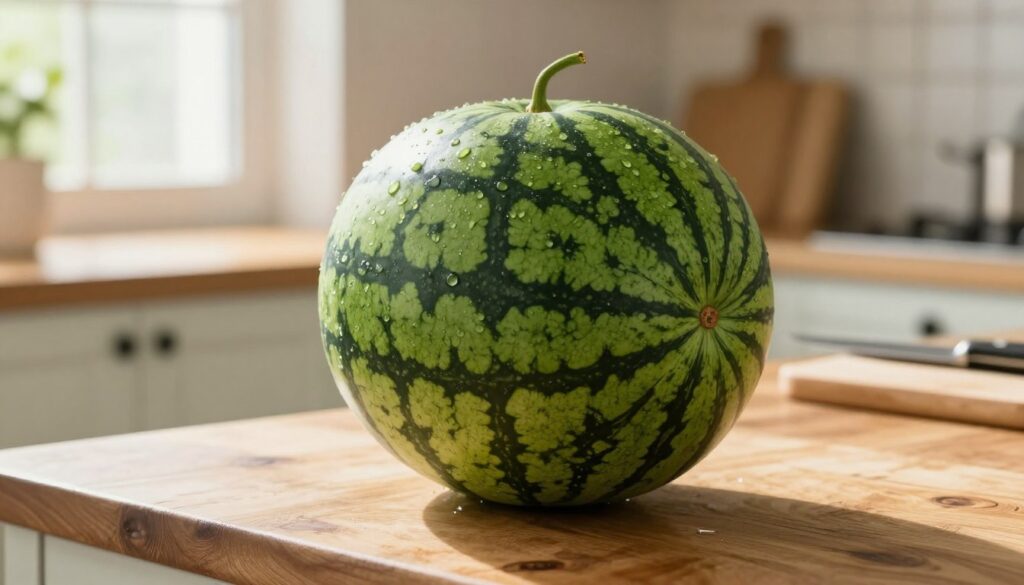 A whole watermelon sitting on a rustic wooden kitchen counter, vibrant green with contrasting dark stripes. The watermelon is fresh, with raindrops glistening on its surface as if just washed, conveying a sense of freshness. Sunlight streams in through a nearby window, casting soft, warm light that enhances the textures and colors of the fruit. In the background, a simple kitchen setting with soft pastel colors, blurred slightly to keep the focus on the watermelon. A few kitchen tools, like a cutting board and knife, are subtly included to suggest preparation without distracting from the main subject. The mood is inviting and refreshing, illustrating the importance of proper storage and handling for preserving the fruit's freshness.