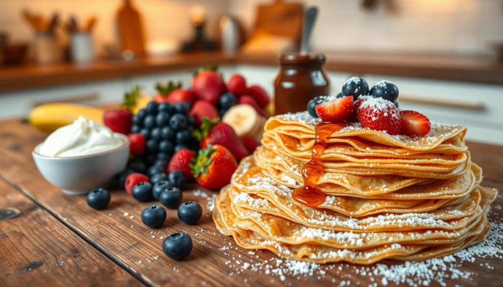 Delicious sweet naleśniki (Polish crepes) elegantly arranged on a rustic wooden table. In the foreground, showcase a stack of golden-brown naleśniki, topped with a generous drizzle of honey and a sprinkle of powdered sugar. Surround them with an assortment of fresh fruits, including vibrant strawberries, blueberries, and sliced bananas. In the middle ground, include a small bowl of creamy mascarpone cheese and a jar of rich chocolate sauce for dipping. The background features a softly blurred kitchen setting, warm lighting enveloping the scene to create a cozy, inviting atmosphere. Capture the image from an eye-level angle, emphasizing the textures of the naleśniki and the colorful fruits while highlighting the sweet, indulgent mood.