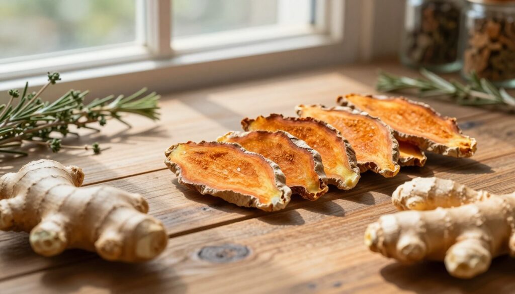 Dried ginger slices arranged artfully on a rustic wooden table, showcasing their vibrant orange-brown color and unique texture. In the foreground, a handful of whole ginger roots with earthy hues and a slightly rough exterior, emphasizing freshness. The middle section features a sunlit window background filtering natural light, casting soft shadows that enhance the composition. Delicate herbs and dried herbs, like thyme or rosemary, scattered around create a cozy ambiance. The overall mood is warm and inviting, suggesting a homey kitchen atmosphere. A hint of spices in small, clear jars can be subtly included to enhance the culinary theme. Perfectly balanced, the lighting highlights the details and richness of the dried ginger, reflecting its role as a treasured spice.