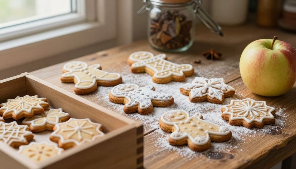 Soft gingerbread cookies (pierniczki miękkie) arranged aesthetically on a rustic wooden table. The cookies should be beautifully decorated with light icing, showcasing traditional patterns and dusted lightly with powdered sugar. In the foreground, a partially open wooden box filled with more cookies, enhancing the idea of storage for softness. Next to it, a fresh, shiny apple rests, symbolizing the trick to keep the cookies moist. The background features warm kitchen elements, such as a vintage jar of spices and a faintly lit window, letting in soft, natural light to create a cozy atmosphere. The image should capture a sense of warmth and homeliness, inviting the viewer to enjoy the delightful treats. The angle should be slightly tilted downwards, focusing on the cookies while maintaining the aesthetic balance of the scene.