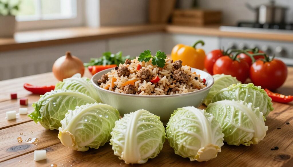A beautifully arranged assortment of ingredients for gołąbki, showcasing fresh cabbage leaves in the foreground, glistening with droplets of water. In the middle, a bowl filled with a savory mixture of rice, minced meat, and spices is highlighted, garnished with fresh herbs. Surrounding these key elements, scattered raw ingredients like diced onions, bell peppers, and tomatoes create a vibrant color palette. The background features a rustic wooden kitchen table, warmly lit by soft, natural light streaming in from a nearby window, enhancing the cozy, inviting atmosphere. A shallow depth of field emphasizes the freshness of the ingredients, drawing the viewer's eye to the carefully crafted dish, evoking a sense of homemade comfort.