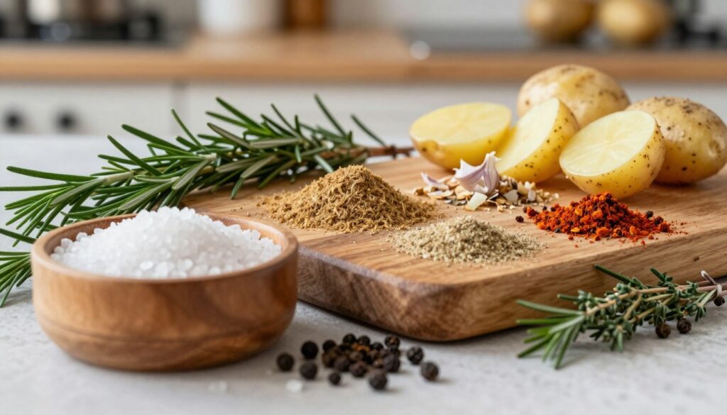 A beautifully arranged assortment of spices ideal for enhancing the flavor of potatoes, featuring vibrant colors and textures. In the foreground, a wooden bowl filled with coarse sea salt, crushed black pepper, and colorful paprika sits next to fresh herbs like rosemary and thyme. In the middle, a rustic wooden cutting board displays ground cumin, garlic powder, and onion flakes. The background includes a softly blurred kitchen setting with warm, natural lighting, casting a cozy ambiance. The scene captures a culinary atmosphere, inviting and inspiring, perfect for showcasing the best spices to elevate potato dishes. The composition should be well-balanced and aesthetically pleasing, emphasizing freshness and flavor without any distractions.