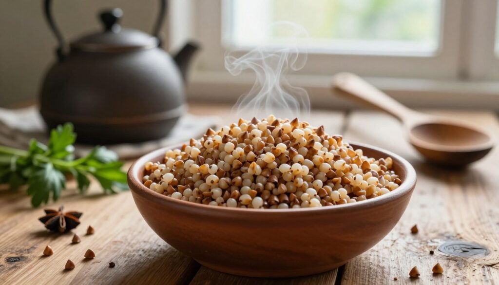 A beautifully arranged bowl of cooked buckwheat (kasza gryczana) showcasing its separate, fluffy grains, set on a rustic wooden table. In the foreground, the bowl is filled with lightly toasted buckwheat, displaying a warm, nutty color. Surrounding the bowl are elegant garnishes of fresh herbs and spices, adding a pop of green and earthy tones. In the middle ground, a steaming kettle and wooden spoon suggest an inviting kitchen atmosphere. The background features soft, natural lighting coming through a nearby window, illuminating the textures of the grain and wooden surfaces. The overall mood is warm, comforting, and homey, perfectly capturing the essence of a traditional cooking experience.