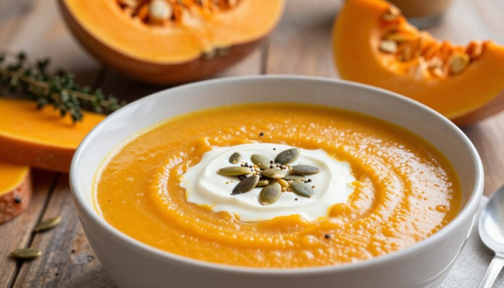 A beautifully arranged bowl of creamy pumpkin soup (krem dyni), garnished with a swirl of fresh cream and a sprinkle of pumpkin seeds. The foreground features vibrant, orange-hued soup with creamy textures, reflecting the natural sweetness of the dish. In the middle, the bowl sits on a rustic wooden table alongside a few raw pumpkin slices and herbs like thyme, adding an earthy touch. The background softly blurs with warm kitchen lighting, creating a cozy and inviting atmosphere. The overall mood should evoke warmth and comfort, perfect for a fall meal. The image should be well-lit, with a slight overhead angle to capture the depth of the soup and its garnishes, highlighting the creamy texture and rich colors.