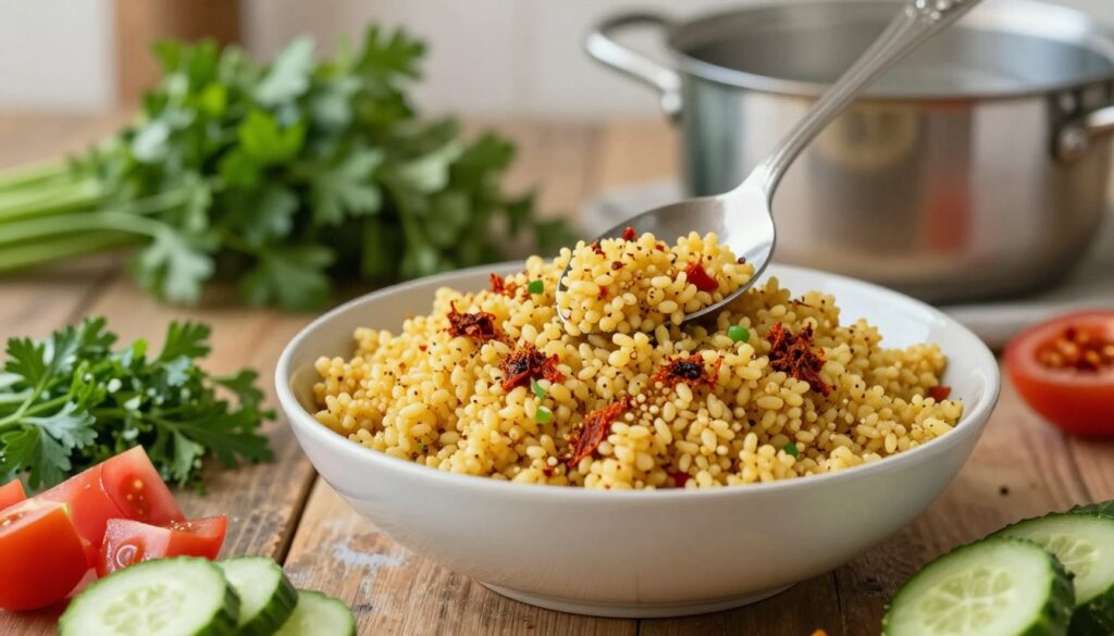 A beautifully arranged bowl of fluffy bulgur, perfectly seasoned with vibrant spices like cumin and paprika. In the foreground, showcase fresh ingredients such as chopped parsley, diced tomatoes, and sliced cucumbers, emphasizing their colors and textures. In the middle ground, feature a stylish serving spoon delicately mixing the bulgur, with grains spilling slightly onto a rustic wooden table. The background should consist of soft-focus kitchen elements, like a pot of boiling water and an array of herbal garnishes, creating a warm cooking atmosphere. Use soft, natural lighting to highlight the freshness of the ingredients, evoking a cozy, inviting feeling of culinary creativity. Aim for a close-up angle to draw attention to the textures and colors of the bulgur and its accompaniments. A beautifully arranged bowl of fluffy bulgur, perfectly seasoned with vibrant spices like cumin and paprika. In the foreground, showcase fresh ingredients such as chopped parsley, diced tomatoes, and sliced cucumbers, emphasizing their colors and textures. In the middle ground, feature a stylish serving spoon delicately mixing the bulgur, with grains spilling slightly onto a rustic wooden table. The background should consist of soft-focus kitchen elements, like a pot of boiling water and an array of herbal garnishes, creating a warm cooking atmosphere. Use soft, natural lighting to highlight the freshness of the ingredients, evoking a cozy, inviting feeling of culinary creativity. Aim for a close-up angle to draw attention to the textures and colors of the bulgur and its accompaniments.
