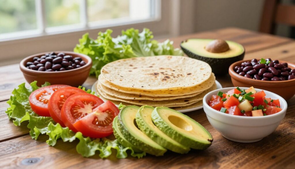 A beautifully arranged, colorful spread of tortilla ingredients on a rustic wooden table. In the foreground, a variety of fresh vegetables such as diced tomatoes, crisp lettuce, and sliced avocados are artistically placed alongside bowls of seasoned beans and tangy salsa. In the middle, warm tortillas are neatly stacked, invitingly presented. In the background, soft natural light filters through a nearby window, creating a warm, inviting atmosphere. The scene captures the essence of a quick and delicious meal, evoking a sense of comfort and satisfaction. The overall composition is vibrant and appealing, highlighting the versatility of tortilla ingredients without any text or distractions.