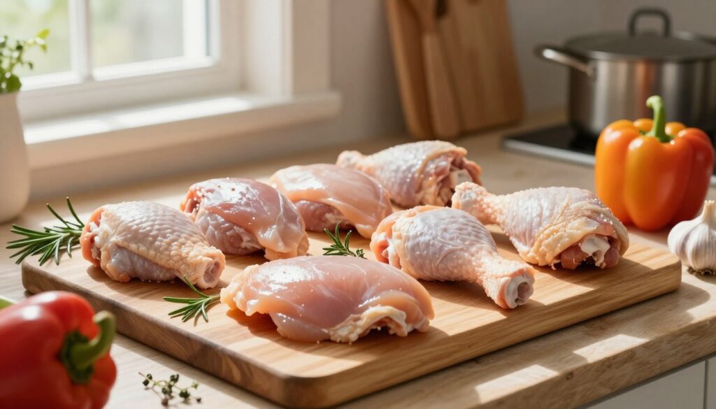 A beautifully arranged display of fresh chicken cuts on a wooden cutting board, showcasing a variety of pieces like breasts, thighs, and drumsticks. The chicken is placed on a rustic kitchen countertop, surrounded by fresh herbs like rosemary and thyme, and vibrant vegetables like bell peppers and garlic. Soft, natural light streams in from a nearby window, casting gentle shadows that enhance the textures of the meat and ingredients. In the background, a blurred view of kitchen utensils and pots create a cozy, home-cooking atmosphere. The composition emphasizes freshness and quality, inviting the viewer to consider the essential steps of choosing and preparing chicken for cooking.