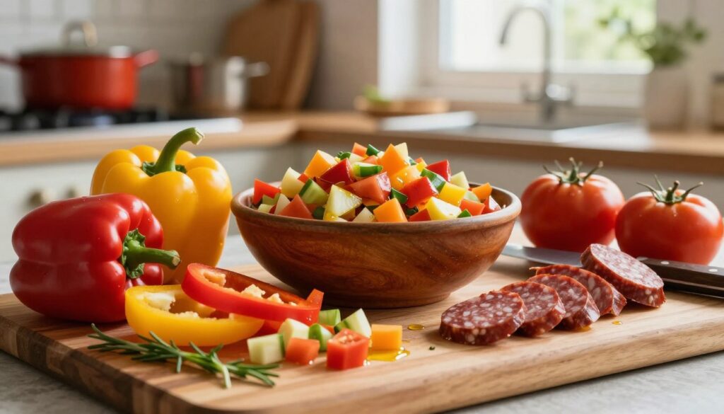 A beautifully arranged display of ingredients for classic leczo, featuring vibrant red and yellow bell peppers, ripe tomatoes, and sliced sausage. In the foreground, a wooden cutting board holds freshly chopped vegetables, with knife and herbs scattered around. The middle contains a rustic bowl overflowing with colorful, diced ingredients, glistening with a hint of olive oil. In the background, a softly blurred kitchen scene shows pots and pans, adding warmth and homeliness to the atmosphere. Soft, natural lighting pours in from a window, casting gentle shadows and highlighting the richness of the colors. The overall mood is inviting and encourages a sense of culinary exploration, perfect for illustrating a hearty, vegetable-packed dish.
