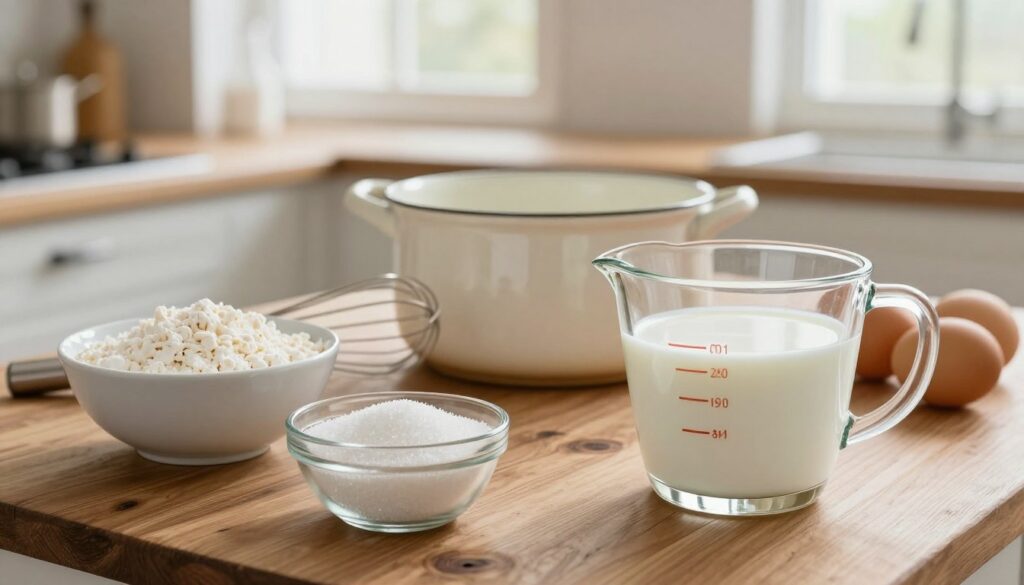 A beautifully arranged display of milk ingredients on a rustic wooden kitchen table. In the foreground, a clear glass measuring cup filled with fresh milk, next to a bowl of fine cornstarch and a small glass container of granulated sugar. In the middle, a whisk rests beside a cream-colored ceramic pot with a subtle sheen, and a few eggs in their shells add warmth to the scene. The background features soft-focus kitchen elements like a window with natural light streaming in, illuminating the ingredients. The atmosphere is warm and inviting, suggesting a home cooking experience. Aim for a soft depth of field to create a cozy, intimate moment in the kitchen, inviting viewers to explore the art of making smooth, creamy pudding.