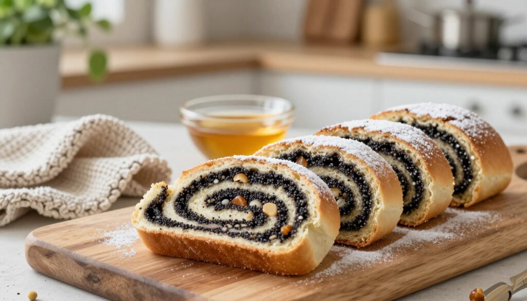 A beautifully arranged display of sliced poppy seed roll (makowiec) on a rustic wooden cutting board. The foreground features the evenly sliced pieces showcasing a rich, dark filling with hints of white poppy seeds, caramelized nuts, and a dusting of powdered sugar on top. In the middle, there’s a small bowl of honey and a cozy, knitted dishcloth, suggesting warmth and care in storage. The background features a softly-lit kitchen setting with blurred plants and baking utensils, evoking a homey atmosphere. Soft, natural lighting enhances the textures of the makowiec, creating an inviting and fresh feel, perfect for illustrating how to preserve its moisture. The angle captures the delicious slices from a slight overhead perspective.