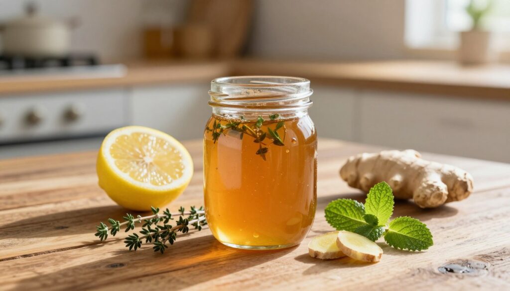 A beautifully arranged jar of pine syrup infused with honey, lemon, ginger, and herbs sits prominently in the foreground, showcasing its golden-brown hue and inviting texture. Surrounding the jar are fresh ingredients: a vibrant yellow lemon sliced in half, pieces of earthy ginger, and sprigs of herbs like thyme and mint that add a pop of green. In the middle ground, a rustic wooden table serves as a backdrop, enhancing the natural theme. Soft, diffused sunlight streams in from the right, casting gentle shadows and creating a warm, inviting atmosphere. The background features a blurred kitchen setting with hints of wooden shelves and soft earth tones, evoking a cozy, homey feel. The entire scene reflects warmth, health, and the essence of natural remedies, capturing a moment of tranquility. A beautifully arranged jar of pine syrup infused with honey, lemon, ginger, and herbs sits prominently in the foreground, showcasing its golden-brown hue and inviting texture. Surrounding the jar are fresh ingredients: a vibrant yellow lemon sliced in half, pieces of earthy ginger, and sprigs of herbs like thyme and mint that add a pop of green. In the middle ground, a rustic wooden table serves as a backdrop, enhancing the natural theme. Soft, diffused sunlight streams in from the right, casting gentle shadows and creating a warm, inviting atmosphere. The background features a blurred kitchen setting with hints of wooden shelves and soft earth tones, evoking a cozy, homey feel. The entire scene reflects warmth, health, and the essence of natural remedies, capturing a moment of tranquility.