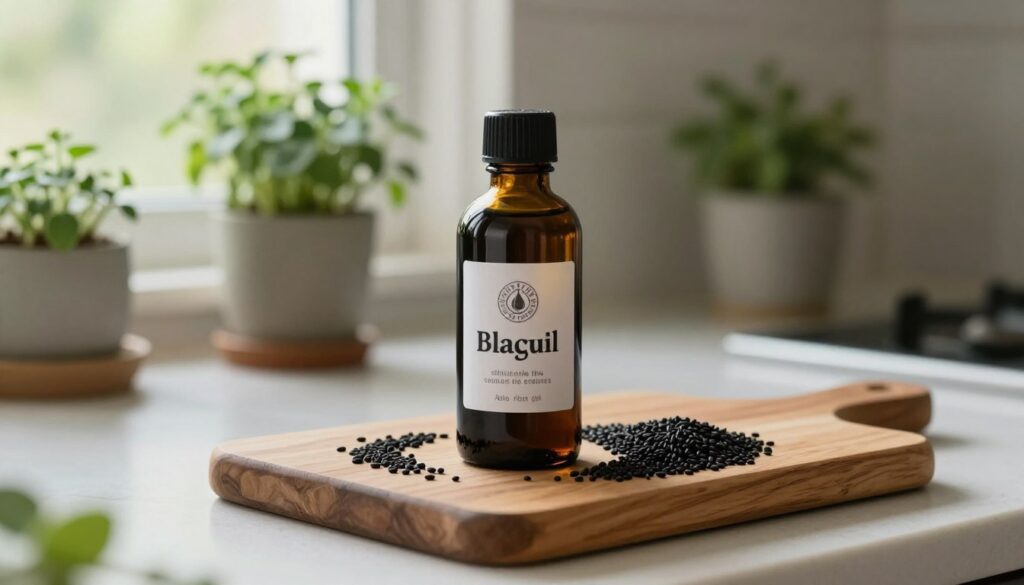 A beautifully arranged kitchen countertop featuring a dark glass bottle of black seed oil, elegantly labeled and sitting on a wooden cutting board. Surrounding the bottle are fresh black cumin seeds scattered artistically, accentuating the oil's natural ingredients. In the background, soft-focus herb plants in pots and a window allowing gentle daylight to illuminate the scene create a warm, inviting atmosphere. The lighting is soft and natural, emphasizing the rich dark color of the oil. A subtle vignette adds depth to the image, enhancing its cozy, organic feel, and promoting a sense of care for quality storage. The overall composition conveys an ideal home storage setting for maintaining the oil's quality.