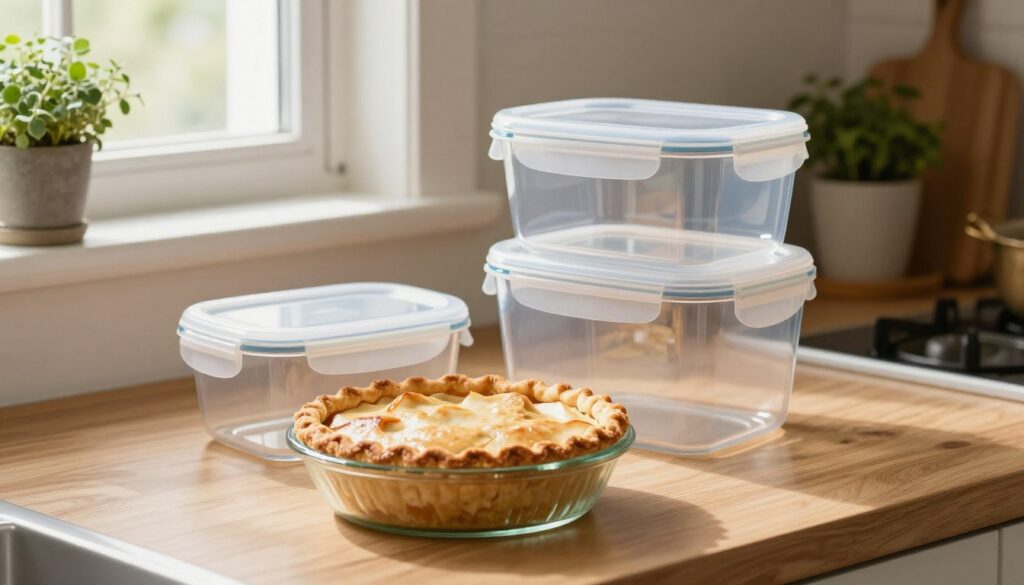 A beautifully arranged kitchen countertop featuring two distinct types of food storage containers for apple pie: one made of clear glass and the other of sleek plastic. In the foreground, the glass container showcases the pie, its golden crust gleaming under soft, natural light filtering through a nearby window. The middle layer includes the plastic container, slightly opaque, artistically angled to reveal its sturdy lid. The background features a warm, inviting kitchen setting with wooden shelves and potted herbs, giving a cozy and homey atmosphere. The lighting is soft and diffused, creating a comfortable mood. The scene captures the essence of food storage choices, emphasizing clarity and practicality without any distractions.