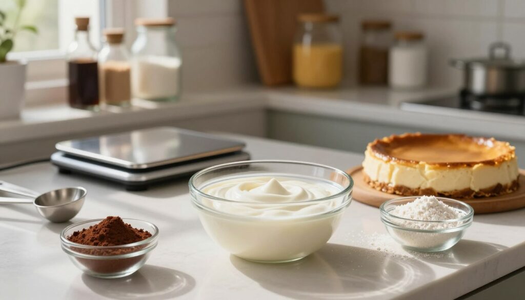 A beautifully arranged kitchen countertop, featuring various alternatives to pudding for cheesecake preparation. In the foreground, an elegant glass bowl filled with thick, creamy yogurt and surrounded by small bowls of cocoa powder, custard powder, and cornstarch, showcasing their textures. In the middle, a modern kitchen scale and measuring spoons hint at precision in baking. The background is softly blurred, with shelves holding an array of baking ingredients like vanilla extract and sugar, creating a warm and inviting atmosphere. Gentle, natural sunlight streams in from a nearby window, casting soft shadows and giving a homely feel. The overall mood is inspiring and informative, inviting readers to explore creative dessert alternatives.