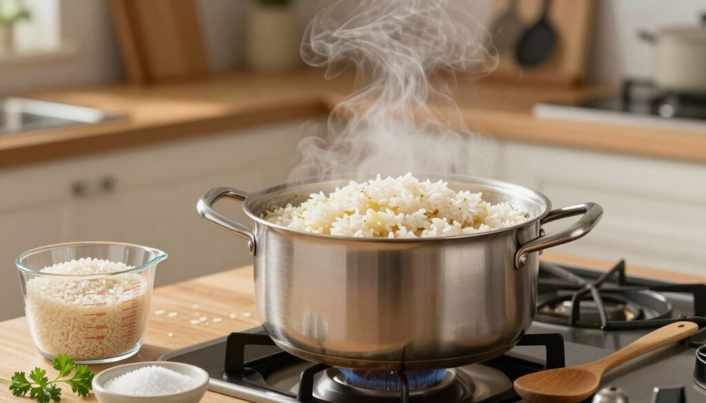 A beautifully arranged kitchen scene featuring a pot of simmering rice on a stove, with steam wafting above, capturing the essence of cooking rice. In the foreground, a measuring cup of uncooked rice and a wooden spoon rest beside the pot, while a small bowl of salt and a few sprigs of fresh parsley add a touch of color. In the middle, the pot is centered, showcasing the rice's sticky, glistening texture, perfect for stuffed cabbage rolls. The background features a softly lit kitchen with wooden cabinets and subtle kitchen utensils hanging, creating a warm and inviting atmosphere. The lighting is soft and natural, suggesting late afternoon, with a focus that emphasizes the pot and rice, highlighting their importance in achieving the ideal consistency for the dish.