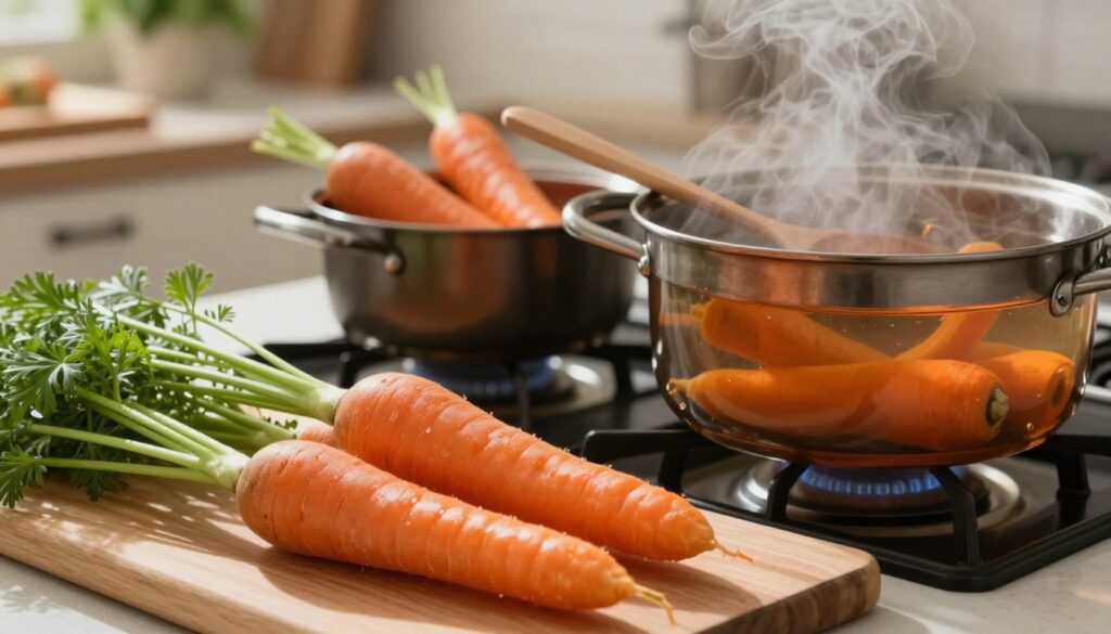 A beautifully arranged kitchen scene featuring whole carrots being cooked in a pot on a stove. In the foreground, a close-up of fresh, vibrant orange carrots, with their green tops still attached, lying on a wooden cutting board. The pot on the stove simmers gently, with steam rising, showcasing the vibrant color of the carrots in clear water. In the middle, a filled pot of carrots, with a wooden spoon resting beside it. The background includes softly blurred kitchen cabinets and a subtle display of herbs in pots, giving a cozy, home-like atmosphere. Soft, warm lighting creates an inviting mood, highlighting the natural beauty of the carrots while emphasizing their shape and color. The angle is slightly from above, capturing the ingredients and cooking process.
