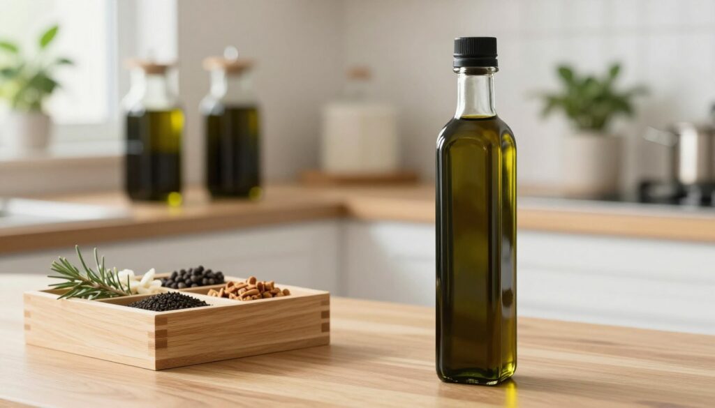 A beautifully arranged kitchen scene focusing on the careful storage of black seed oil. In the foreground, a clear glass bottle filled with rich, golden-black oil glistens under soft, diffused natural light, reflecting its high quality. Beside it, a small wooden box contains various organic ingredients, hinting at the oil's health benefits. In the middle ground, a wooden countertop displays a selection of dark glass storage containers designed to protect the oil from light, giving an impression of freshness and longevity. The background features a serene, minimally decorated kitchen with green plants peeking in, emphasizing a clean and vibrant atmosphere. The overall mood is calm and inviting, showcasing the importance of proper storage for maintaining quality.