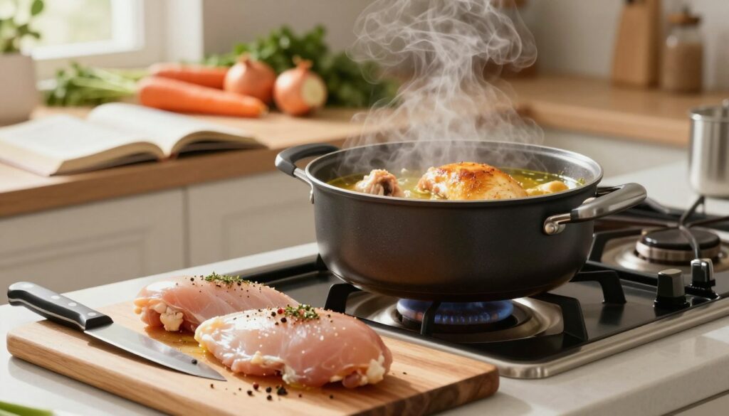 A beautifully arranged kitchen scene showcasing the process of cooking chicken to perfection. In the foreground, a cutting board with fresh chicken breasts, seasoned with herbs and spices, and a kitchen knife glistening beside it. In the middle ground, a pot on the stove with golden-brown chicken simmering in a flavorful broth, with steam wafting up, hinting at the delightful aroma. The background includes a well-organized kitchen counter, adorned with vegetables like carrots and onions, and cookbooks open, suggesting a cozy and inviting atmosphere. Soft, warm lighting illuminates the scene, creating a homely feel, while a slightly blurred bokeh effect adds depth and focus to the cooking process, inviting the viewer to imagine the delicious meal being prepared.