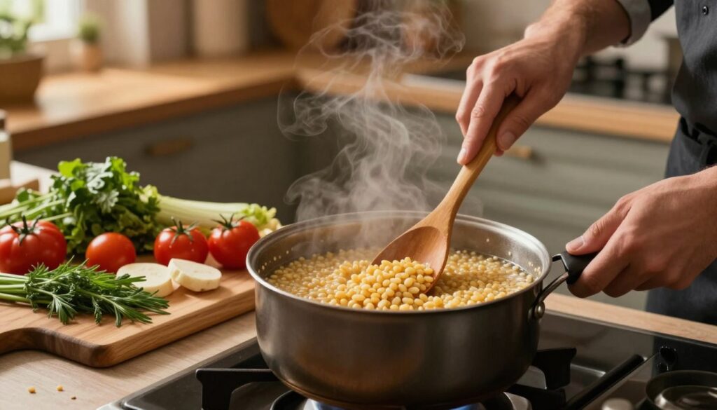 A beautifully arranged kitchen scene showcasing the process of cooking kasza (grains) to achieve tender, separate kernels. In the foreground, a medium-sized pot filled with cooking kasza is placed on a stove, steam gently rising. To the side, an array of fresh ingredients like vegetables and herbs are artfully displayed on a wooden cutting board. The middle of the image captures a close-up of a chef’s hands stirring the pot with a wooden spoon, demonstrating the cooking technique. In the background, warm, inviting kitchen decor with soft, ambient lighting creates a cozy atmosphere. The scene is viewed from a slight overhead angle, emphasizing the cooking action and inviting viewers to engage with the process.