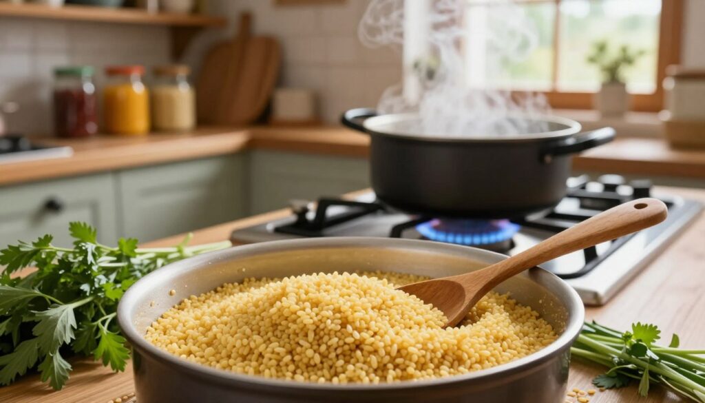 A beautifully arranged kitchen scene showcasing the process of cooking millet (kasza jaglana) to achieve a fluffy texture. In the foreground, a close-up of a pot filled with rinsed millet grains, surrounded by fresh herbs and a wooden spoon. In the middle ground, a gas stove with gentle flames highlighting the pot, steam rising gently from it. The background features a rustic kitchen with wooden shelves, filled with colorful jars and other kitchenware, softly illuminated by warm, natural light coming from a window. The atmosphere is calm and inviting, emphasizing the simplicity and comfort of home cooking. Focus on vibrant colors and textures, capturing the essence of a wholesome meal preparation.