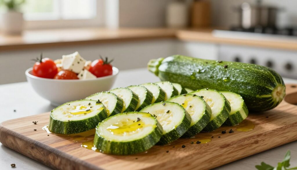A beautifully arranged kitchen scene showcasing vibrant, freshly cooked zucchini portions presented on a rustic wooden cutting board. In the foreground, the zucchini is sliced into neat pieces, glistening with a light drizzle of olive oil and sprinkled with herbs for flavor. The middle features a small bowl of complementary toppings, such as cherry tomatoes and feta cheese, enhancing the visual appeal. In the background, a soft-focus kitchen environment reveals subtle lighting from a nearby window, creating a warm and inviting atmosphere. The composition should convey a sense of freshness and culinary delight, with natural colors and a clean, organized work space that emphasizes the joy of cooking and the importance of proper portioning and storage techniques.