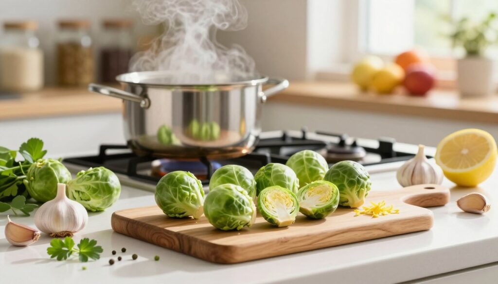 A beautifully arranged kitchen setting showcasing Brussels sprouts being prepared to enhance their flavor. In the foreground, a wooden cutting board features fresh Brussels sprouts, some sliced in half to reveal their vibrant green color. Next to them, various seasoning ingredients like garlic, lemon zest, and fresh herbs are artfully scattered, hinting at flavor enhancement techniques. In the middle ground, a steaming pot is on the stove, with a soft warm light glowing from it, creating an inviting atmosphere. The background is blurred, revealing shelves with jars of spices and colorful fruits, adding a homey feel. The scene is illuminated by bright, natural light streaming through a window, casting gentle shadows that enhance the freshness and appeal of the ingredients. The overall mood is cheerful and energetic, encouraging culinary creativity.