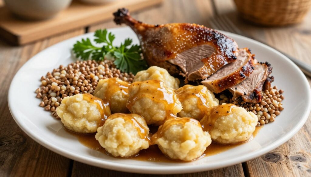 A beautifully arranged plate featuring hearty "kasze" (grains) and "kluski" (dumplings), elegantly presented to complement roasted duck. In the foreground, focus on a mound of golden, fluffy kluski glistening with a rich sauce, surrounded by a variety of colorful grains like buckwheat and barley that soak up the delightful juices. In the middle ground, add sprigs of fresh herbs for a pop of green and a few slices of roasted duck, glistening with a savory glaze. The background should be a softly blurred rustic wooden table, enhancing the warm, inviting atmosphere of a cozy country kitchen. Natural, warm lighting casts gentle shadows, creating an appetizing and homely feel. The image should be well-balanced, highlighting the textures of the dishes while evoking a sense of comfort and satisfaction.
