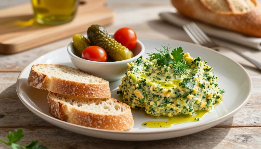 A beautifully arranged plate featuring "pasztet cukinii", a vibrant and creamy zucchini pâté, garnished with fresh herbs like dill and parsley. In the foreground, delicate slices of whole-grain bread or baguette are artfully placed, ready to accompany the pâté. In the middle, a small bowl of pickles and colorful cherry tomatoes provide visual contrast, while a drizzle of olive oil adds a touch of elegance. The background is softly blurred with a rustic wooden table setting, enhancing the warm and inviting atmosphere. Natural sunlight streams in, casting gentle shadows and highlighting the textures of the food. The overall mood is cozy and appetizing, perfect for a casual gathering or a delightful evening meal.