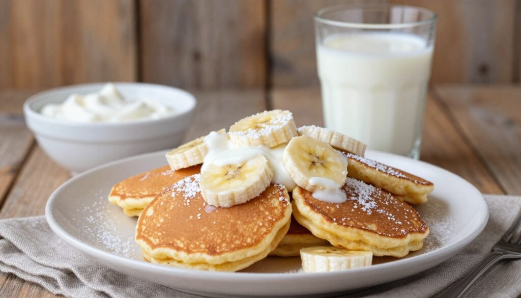 A beautifully arranged plate of banana pancakes, also known as "banan naleśniki," sits in the foreground. The pancakes are fluffy and golden, topped with slices of fresh banana, a drizzle of yogurt, and sprinkled with powdered sugar. In the middle ground, a small bowl of creamy yogurt and a glass of kefir are placed, with a rustic wooden background that enhances the warmth of the dish. Soft natural lighting filters in from the left, creating a cozy atmosphere. The camera angle is slightly above, capturing the texture of the pancakes and the vibrant colors of the toppings. The overall mood is inviting and delicious, perfect for a breakfast or brunch setting.