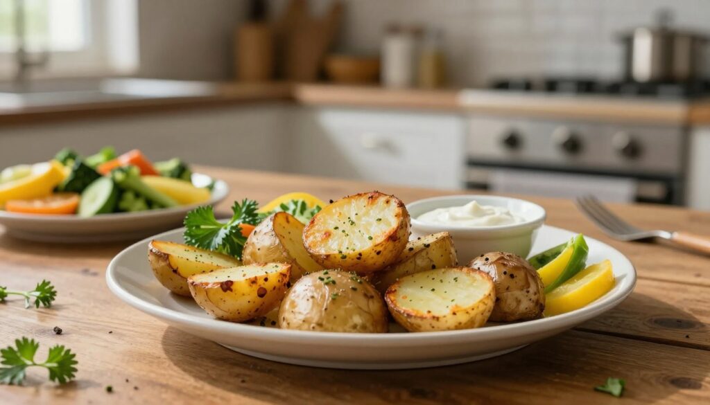 A beautifully arranged plate of freshly cooked potatoes on a rustic wooden table, surrounded by colorful, light accompaniments such as steamed vegetables, herbs, and a small bowl of low-calorie dressing. In the background, a softly lit kitchen environment enhances the homely feel, with hints of natural light filtering through a window, casting gentle shadows. The focus is on the texture of the potatoes, showcasing their golden brown edges from roasting, and contrasting them with the vibrant greens and yellows of the added ingredients. The atmosphere is warm and inviting, evoking a sense of healthiness and nourishment. Shot with a shallow depth of field to emphasize the plate in the foreground while softly blurring the kitchen background.