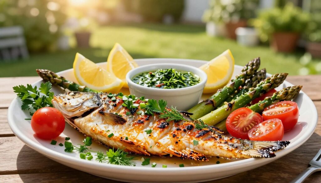 A beautifully arranged plate of grilled fish garnished with vibrant, fresh herbs and colorful vegetables. In the foreground, the fish is golden brown and glistening, surrounded by an array of complementary sides: a medley of grilled asparagus, cherry tomatoes, and lemon wedges. In the middle, a small bowl of tangy herb sauce adds a splash of color, while finely chopped parsley and dill sprinkle across the plate, enhancing its freshness. The background features a softly blurred outdoor setting with green foliage and a sunlit garden ambiance, creating a relaxed, inviting atmosphere. The lighting is warm and natural, capturing a cheerful summer vibe, highlighting the textures and colors of the dish. The image should evoke a feeling of enjoying a delicious, aromatic meal outdoors, perfect for warm weather gatherings. A beautifully arranged plate of grilled fish garnished with vibrant, fresh herbs and colorful vegetables. In the foreground, the fish is golden brown and glistening, surrounded by an array of complementary sides: a medley of grilled asparagus, cherry tomatoes, and lemon wedges. In the middle, a small bowl of tangy herb sauce adds a splash of color, while finely chopped parsley and dill sprinkle across the plate, enhancing its freshness. The background features a softly blurred outdoor setting with green foliage and a sunlit garden ambiance, creating a relaxed, inviting atmosphere. The lighting is warm and natural, capturing a cheerful summer vibe, highlighting the textures and colors of the dish. The image should evoke a feeling of enjoying a delicious, aromatic meal outdoors, perfect for warm weather gatherings.