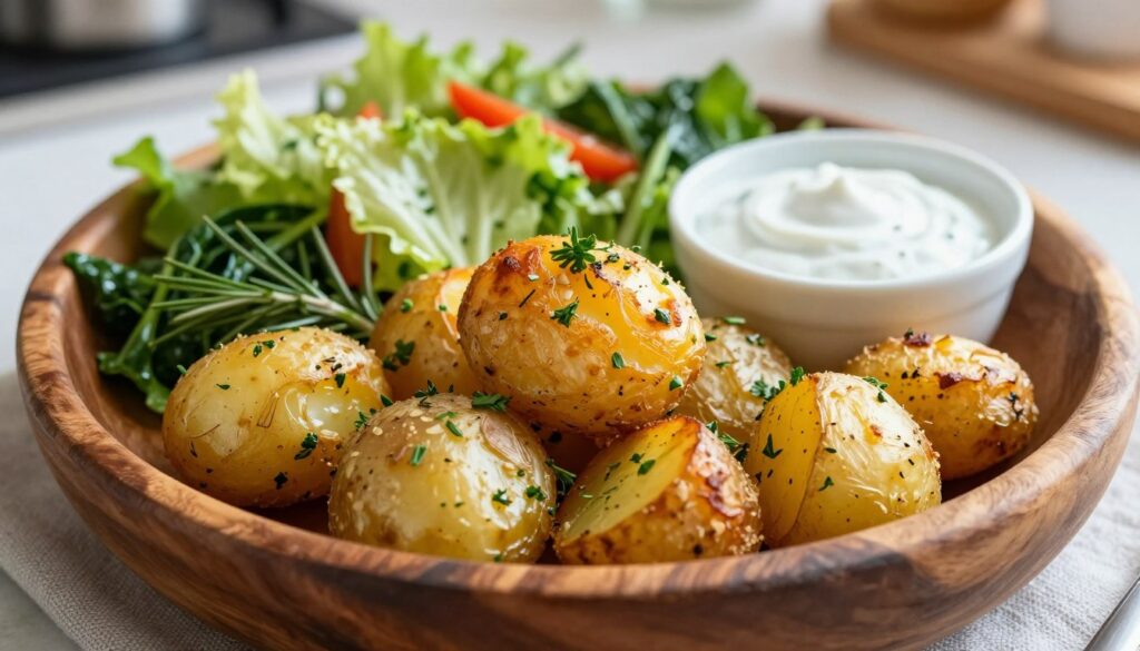 A beautifully arranged plate of roasted potatoes, golden-brown and crispy, served in a rustic wooden bowl. The foreground features a few potatoes garnished with fresh herbs like rosemary and parsley, showcasing their texture and enticing aroma. The middle ground includes a vibrant selection of light side dishes, such as a fresh garden salad, steamed greens, and a yogurt-based dipping sauce, creating a balanced, healthy meal. Soft, natural lighting highlights the details and warm tones of the potatoes, while a blurred kitchen background evokes a cozy, home-cooked atmosphere. The angle is slightly overhead, creating an inviting perspective that emphasizes the delicious presentation and healthy accompaniments.