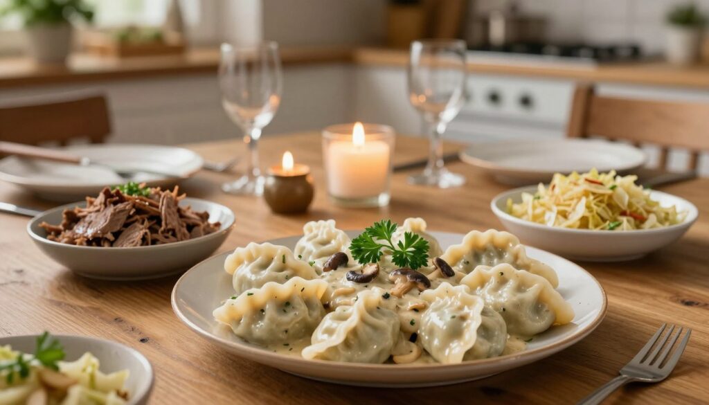 A beautifully arranged plate of "sos grzybowy pampuchy" in a cozy dining setting. In the foreground, fluffy steamed dumplings topped with a rich, creamy mushroom sauce, garnished with fresh parsley for a pop of color. Surrounding the pampuchy, small bowls feature hearty accompaniments like tender shredded meat and sautéed cabbage, hinting at savory flavors. In the middle, a rustic wooden table set with elegant dinnerware and warm, inviting candlelight creating a welcoming atmosphere. In the background, softly blurred, you can see a hint of a cozy kitchen with wooden shelves and potted herbs, emphasizing a home-cooked feel. The lighting is warm and soft, giving a comforting mood to the scene, captured from a slightly elevated angle to showcase all the delicious components harmoniously together.