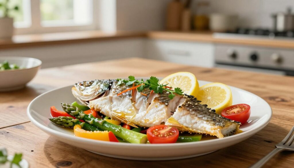 A beautifully arranged plate of steamed fish, expertly cooked en papillote. The fish is garnished with vibrant herbs and slices of lemon, reflecting a delicate and juicy texture. In the foreground, focus on the dish, showcasing the glistening, tender fillet placed atop a bed of colorful vegetables, such as bell peppers, asparagus, and cherry tomatoes, all steamed to perfection. In the middle ground, a rustic wooden table enhances the home-cooked atmosphere, while a light, airy kitchen serves as the background, with soft sunlight streaming in through a nearby window. The mood is serene and inviting, evoking feelings of health and vitality. The image is well-lit, with natural lighting that accentuates the freshness of the ingredients and the artistry of the presentation. A beautifully arranged plate of steamed fish, expertly cooked en papillote. The fish is garnished with vibrant herbs and slices of lemon, reflecting a delicate and juicy texture. In the foreground, focus on the dish, showcasing the glistening, tender fillet placed atop a bed of colorful vegetables, such as bell peppers, asparagus, and cherry tomatoes, all steamed to perfection. In the middle ground, a rustic wooden table enhances the home-cooked atmosphere, while a light, airy kitchen serves as the background, with soft sunlight streaming in through a nearby window. The mood is serene and inviting, evoking feelings of health and vitality. The image is well-lit, with natural lighting that accentuates the freshness of the ingredients and the artistry of the presentation.