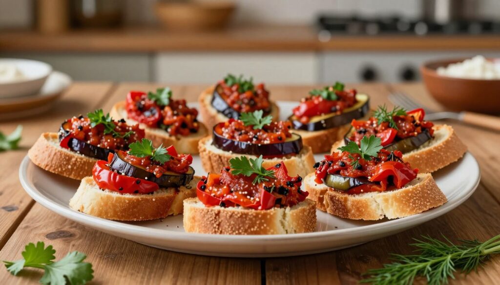 A beautifully arranged platter of kanapki topped with ajvar, showcasing vibrant layers of roasted red peppers and eggplant spread. The foreground features several elegantly presented open-faced sandwiches, garnished with fresh herbs like parsley and dill for added color and freshness. The middle ground shows a rustic wooden table, enhancing the cozy, inviting atmosphere. In the background, there are subtle hints of a warm, softly lit kitchen, with blurred elements like bowls and utensils, suggesting a homey cooking environment. The lighting is warm and gentle, creating a welcoming mood that highlights the rich reds and earthy tones of the ajvar. The photo is captured from a slight overhead angle, providing a clear view of the textures and layers in the kanapki. A beautifully arranged platter of kanapki topped with ajvar, showcasing vibrant layers of roasted red peppers and eggplant spread. The foreground features several elegantly presented open-faced sandwiches, garnished with fresh herbs like parsley and dill for added color and freshness. The middle ground shows a rustic wooden table, enhancing the cozy, inviting atmosphere. In the background, there are subtle hints of a warm, softly lit kitchen, with blurred elements like bowls and utensils, suggesting a homey cooking environment. The lighting is warm and gentle, creating a welcoming mood that highlights the rich reds and earthy tones of the ajvar. The photo is captured from a slight overhead angle, providing a clear view of the textures and layers in the kanapki.