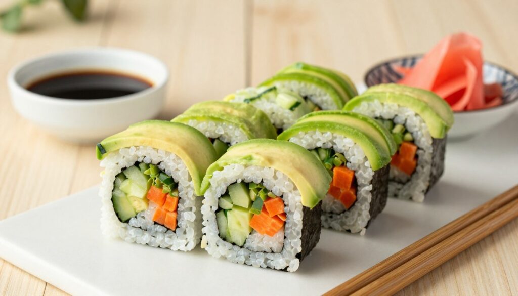 A beautifully arranged platter of sushi without nori, featuring vibrant sushi rolls filled with fresh cucumber, avocado, and colorful vegetables such as bell peppers and carrots. Each roll is artistically sliced, showcasing the rich textures of the ingredients. The foreground includes a pair of wooden chopsticks elegantly placed beside the sushi. In the middle ground, a small bowl of soy sauce and a decorative dish of pickled ginger enhance the composition. A blurred, minimalistic background hints at a serene dining environment with soft, warm lighting creating a comforting atmosphere. The overall mood is fresh and inviting, perfect for showcasing vegetarian sushi alternatives. The image should be captured with a shallow depth of field to emphasize the sushi, utilizing natural light to bring out the food's vibrant colors.