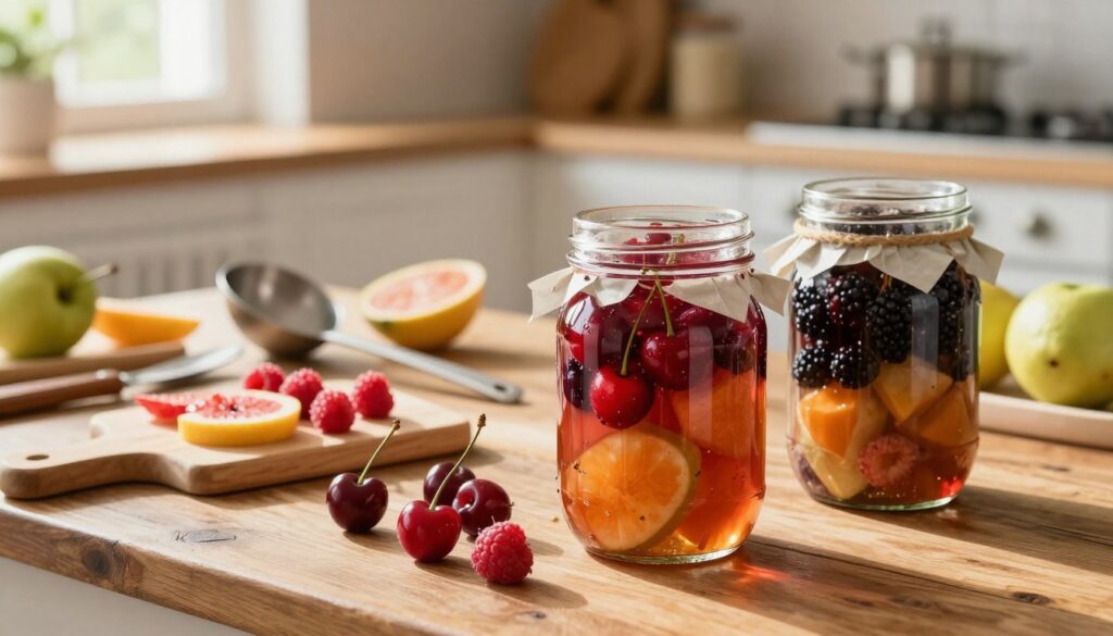 A beautifully arranged scene featuring an assortment of vibrant fruits that have been preserved in jars after being used for nalewka. In the foreground, focus on two elegant glass jars filled with juicy, colorful fruits like cherries, raspberries, and blackberries, glistening with syrup. The middle ground includes a rustic wooden table scattered with small cutting boards holding freshly cut fruits, along with tools like a ladle and a funnel, suggesting the immediate actions taken. The background captures a warm kitchen environment with soft, natural light filtering through a window, casting gentle shadows. The overall mood is inviting and cozy, emphasizing a sense of care in preserving the bounty of summer fruits for future enjoyment.