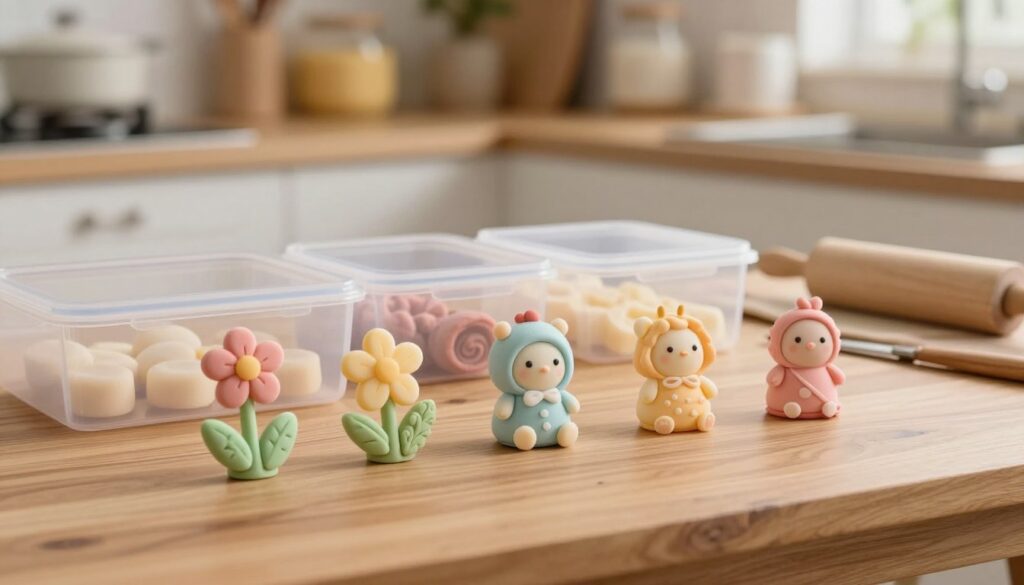 A beautifully arranged scene featuring delicate sugar figurines and ornaments that have been meticulously crafted and allowed to dry. In the foreground, several intricate figurines, including flowers and whimsical characters, are showcased on a stylish wooden table, glistening softly under warm, diffused lighting. Their textures and pastel colors create a captivating visual contrast. In the middle ground, a few protective storage containers, subtly displayed, hint at safe storage methods. The background features a softly blurred kitchen setting, with baking supplies like rolling pins and fondant in muted tones, maintaining focus on the figurines. The atmosphere is cheerful and inviting, evoking a sense of creativity and care in preserving these sweet creations. The composition is shot at a slight angle to highlight the details, ensuring a clear view without distractions.