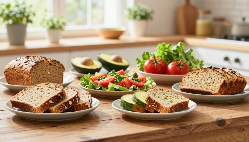 A beautifully arranged scene featuring various healthy bread alternatives on a rustic wooden table. In the foreground, there are slices of whole grain bread, gluten-free bread, and low-carb options like almond flour bread and zucchini bread, artfully displayed on stylish ceramic plates. The middle ground includes colorful vegetables like avocados, tomatoes, and leafy greens, showcasing nutritious toppings. The background softly fades with a light, sunlit kitchen ambiance, with herbs in pots on the windowsill to enhance the freshness. The overall mood is inviting and vibrant, emphasizing a healthy lifestyle. Use warm, natural lighting to create a cozy atmosphere, with a slight depth of field to draw focus to the delightful variety of bread alternatives.