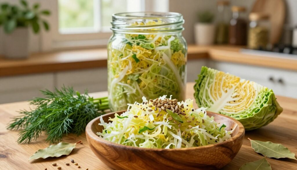 A beautifully arranged scene focusing on freshly made fermented cabbage, or sauerkraut, in a rustic kitchen setting. In the foreground, a wooden bowl filled with vibrant green and golden spices, like caraway seeds, dill, and bay leaves, surrounded by finely shredded cabbage. The middle layer features a glass jar of sauerkraut, its colors contrasting with the warm tones of the wooden countertop. In the background, soft, natural light filters through a window, illuminating herbs and spices on shelves, creating a cozy atmosphere. Capture the essence of a traditional cooking experience, emphasizing the spices that enhance flavor and balance the acidity of the cabbage. Ensure a warm, inviting mood throughout the composition, evoking a sense of home cooking. A beautifully arranged scene focusing on freshly made fermented cabbage, or sauerkraut, in a rustic kitchen setting. In the foreground, a wooden bowl filled with vibrant green and golden spices, like caraway seeds, dill, and bay leaves, surrounded by finely shredded cabbage. The middle layer features a glass jar of sauerkraut, its colors contrasting with the warm tones of the wooden countertop. In the background, soft, natural light filters through a window, illuminating herbs and spices on shelves, creating a cozy atmosphere. Capture the essence of a traditional cooking experience, emphasizing the spices that enhance flavor and balance the acidity of the cabbage. Ensure a warm, inviting mood throughout the composition, evoking a sense of home cooking.