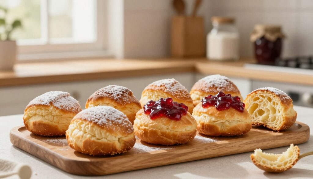 A beautifully arranged scene of freshly baked pączki, showcasing their golden-brown, fluffy texture. In the foreground, a wooden platter holds a variety of pączki, some dusted with powdered sugar, others glazed with vibrant fruit jams. A few pączki are cut in half to reveal their soft, airy insides. In the middle, a cozy kitchen setting is visible, with soft, warm lighting from a window, casting gentle shadows. The background features a shelf with baking supplies like flour and sugar, along with a decorative jar of jam, enhancing the homely atmosphere. The image captures a fresh and inviting mood, emphasizing the importance of preserving the softness and flavor of these delicious pastries.