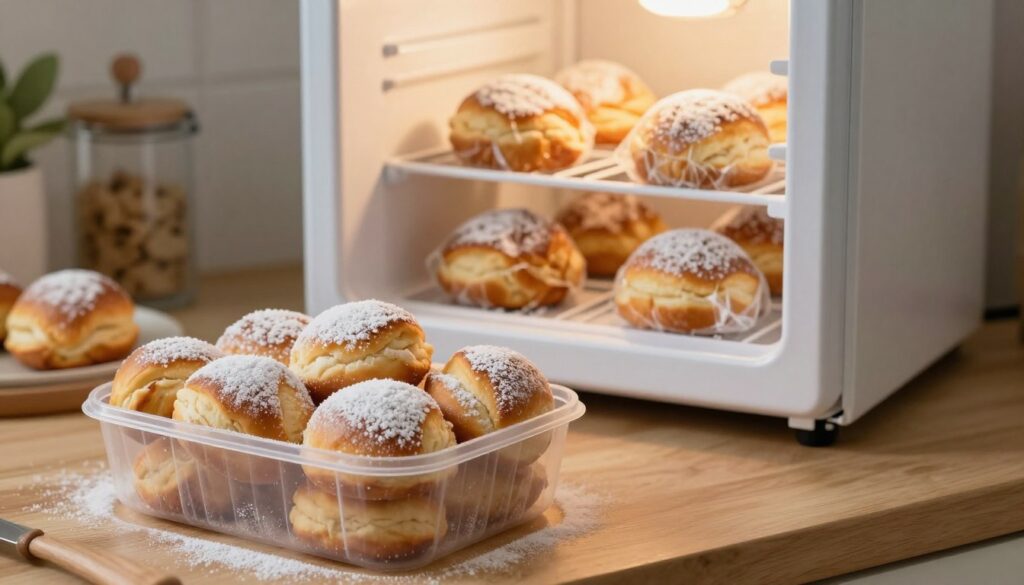A beautifully arranged scene showing a kitchen countertop with several freshly baked Polish pastries, or pączki, ready for freezing. In the foreground, a clear plastic container filled with pączki, dusted with powdered sugar and showcasing their round, fluffy form. In the middle ground, a vintage freezer partially open, displaying a few more pączki stored inside, perfectly wrapped to maintain freshness. The background features a cozy kitchen ambiance with soft, warm lighting that creates an inviting and homely feel. The angles highlight the textures of the pączki and the surrounding kitchenware, evoking a sense of culinary delight and preservation. The overall mood should be warm and welcoming, perfect for illustrating a homey food preparation technique.