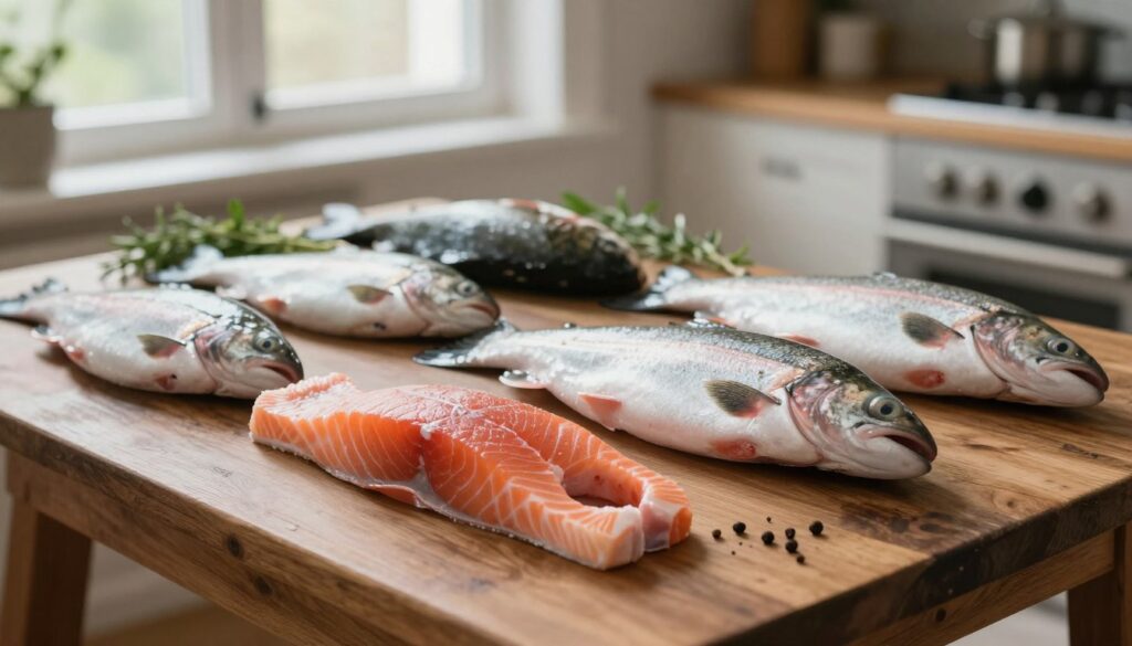 A beautifully arranged selection of fresh fish on a rustic wooden table, showcasing various types like salmon, trout, and snapper. The scene is illuminated with soft, natural light coming from a nearby window, creating an inviting atmosphere that highlights the glistening scales and vibrant colors of the fish. In the background, there are subtle hints of fresh herbs and spices, adding an element of preparation to the composition. The focus is sharp on the fish in the foreground, while a blurred kitchen setting creates a warm and homely ambiance. This serene setting evokes a sense of care and attention, emphasizing the importance of choosing the right fish for a delicate and juicy meal. A beautifully arranged selection of fresh fish on a rustic wooden table, showcasing various types like salmon, trout, and snapper. The scene is illuminated with soft, natural light coming from a nearby window, creating an inviting atmosphere that highlights the glistening scales and vibrant colors of the fish. In the background, there are subtle hints of fresh herbs and spices, adding an element of preparation to the composition. The focus is sharp on the fish in the foreground, while a blurred kitchen setting creates a warm and homely ambiance. This serene setting evokes a sense of care and attention, emphasizing the importance of choosing the right fish for a delicate and juicy meal.