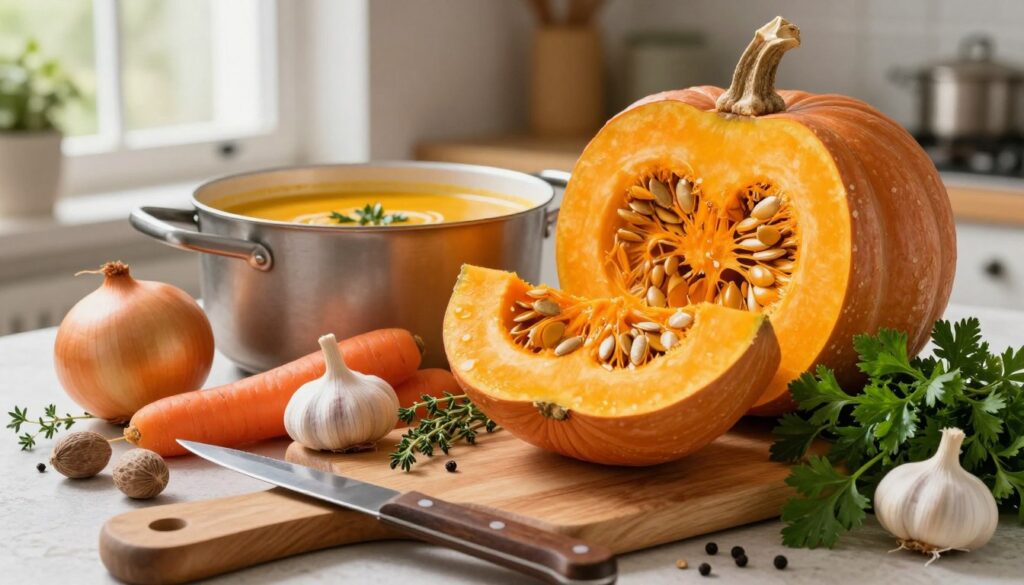 A beautifully arranged selection of ingredients for creamy pumpkin soup, prominently featuring a whole pumpkin cut in half, showcasing its vibrant orange flesh and seeds. Surrounding the pumpkin are fresh vegetables like onions, carrots, and garlic, along with sprigs of thyme and a handful of vibrant green parsley. The foreground displays a wooden cutting board with a kitchen knife and scattered spices like nutmeg and black pepper. In the middle, a cauldron filled with simmering soup hints at rich texture, while the background reveals a rustic kitchen setting with soft natural lighting filtering through a window, casting a warm glow on the ingredients. The overall mood is cozy and inviting, ideal for autumn cooking.