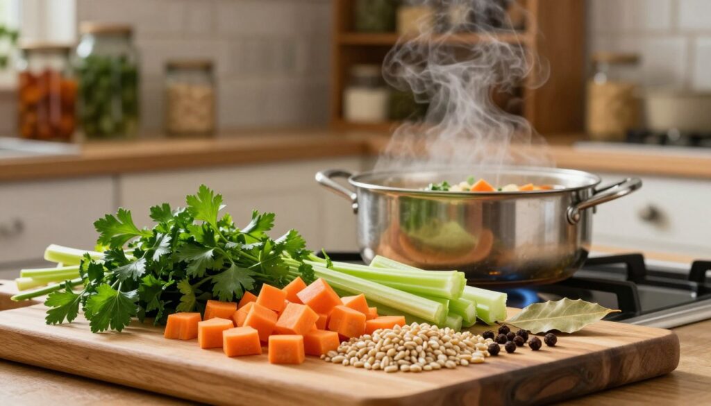A beautifully arranged selection of ingredients for making krupnik, a hearty Polish soup. In the foreground, showcase a wooden cutting board filled with colorful diced vegetables: vibrant carrots, earthy celery, and fresh parsley. Nestled among them are grains of barley and aromatic spices like bay leaves and allspice. In the middle, include a pot simmering on a stove with a gentle, welcoming steam rising, hinting at the rich flavors developing inside. The background features a cozy kitchen ambiance with warm, soft lighting, highlighting rustic shelves filled with jars of preserved herbs and spices. Use a shallow depth of field to focus on the ingredients while keeping the kitchen ambiance slightly blurred, creating a warm, inviting atmosphere that evokes a sense of home and tradition.