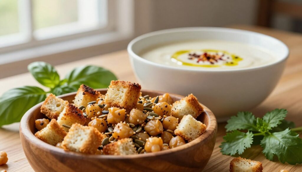A beautifully arranged table setting showcasing a selection of crunchy toppings for creamy soups. In the foreground, a wooden bowl features a colorful mix of crispy homemade croutons, toasted seeds, and spiced chickpeas, each with a inviting golden-brown hue. Surrounding the bowl are fresh herbs like basil and cilantro, adding a burst of green. The middle ground presents a creamy soup in an elegant white bowl, garnished with a drizzle of olive oil and a sprinkle of red pepper flakes. In the background, soft natural light filters through a window, casting a warm and inviting glow, enhancing the cozy atmosphere. The focus is on the textures of the crunchy toppings contrasted against the smooth soup, evoking a sense of culinary creativity and comfort. A beautifully arranged table setting showcasing a selection of crunchy toppings for creamy soups. In the foreground, a wooden bowl features a colorful mix of crispy homemade croutons, toasted seeds, and spiced chickpeas, each with a inviting golden-brown hue. Surrounding the bowl are fresh herbs like basil and cilantro, adding a burst of green. The middle ground presents a creamy soup in an elegant white bowl, garnished with a drizzle of olive oil and a sprinkle of red pepper flakes. In the background, soft natural light filters through a window, casting a warm and inviting glow, enhancing the cozy atmosphere. The focus is on the textures of the crunchy toppings contrasted against the smooth soup, evoking a sense of culinary creativity and comfort.