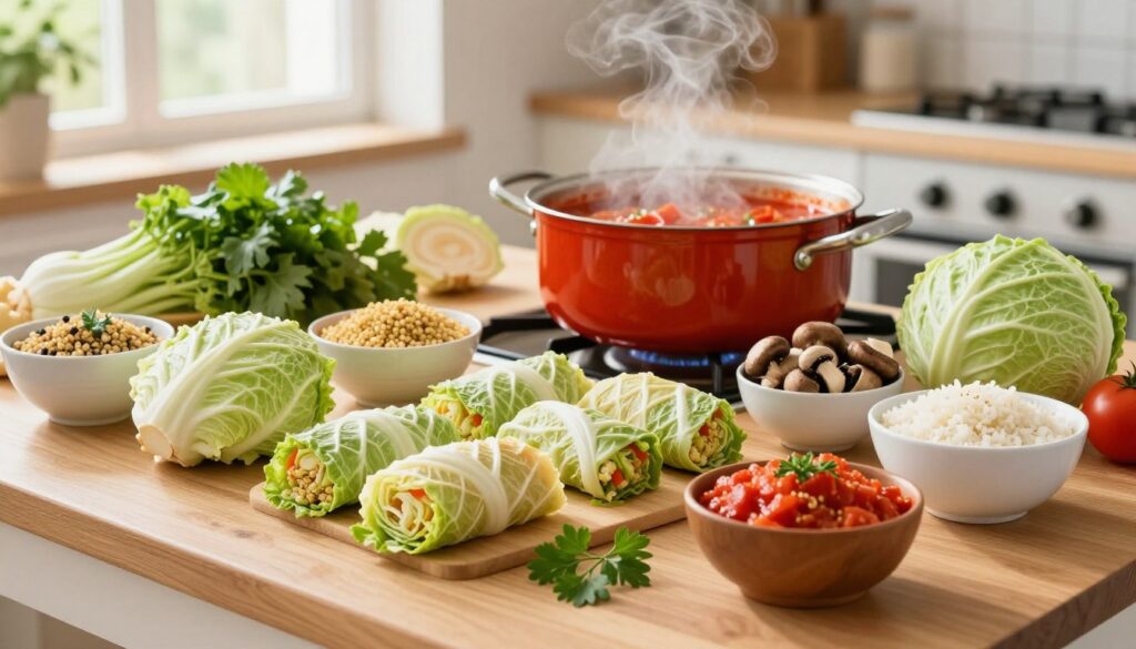 A beautifully arranged wooden kitchen table filled with an array of colorful ingredients for making stuffed cabbage rolls, or gołąbki. In the foreground, showcase freshly prepared cabbage leaves, fragrant herbs, and small bowls containing unique fillings like quinoa, mushrooms, and rice. The middle of the image features a large pot simmering on the stove, filled with a vibrant tomato sauce, steam gently rising. In the background, a bright kitchen space with natural light streaming in through the window, reflecting an inviting and warm atmosphere. Focus on the fresh ingredients and the cooking process, capturing the essence of culinary creativity and practical tips in one harmonious scene. The lighting should be bright and cheerful, evoking a sense of warmth and comfort.