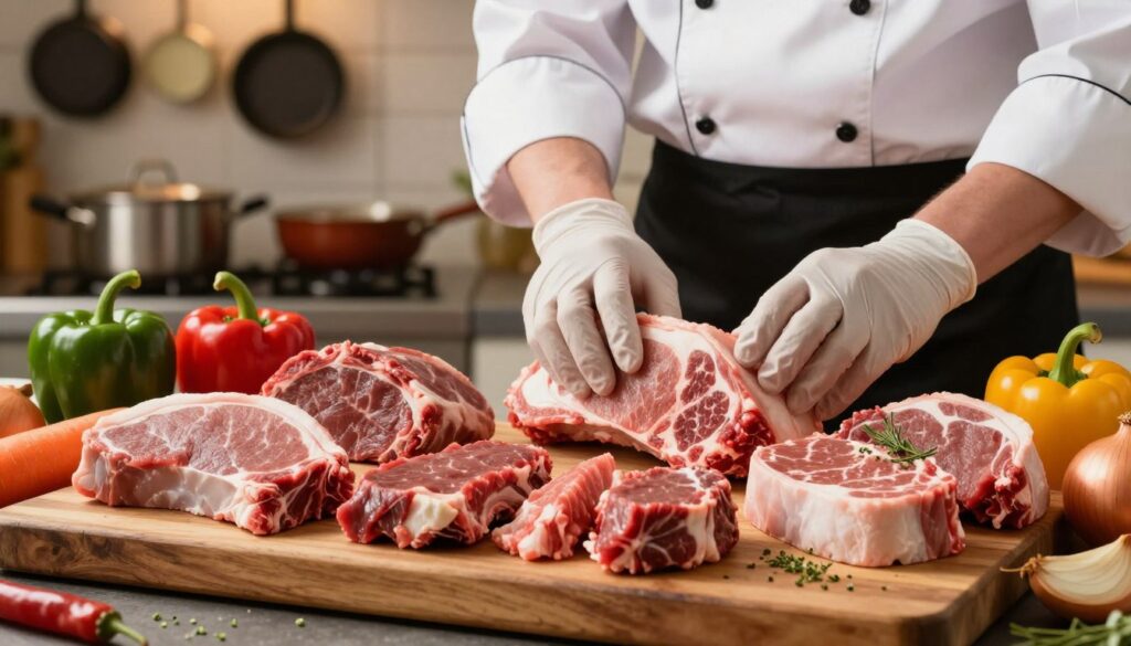 A beautifully crafted composition showcasing the selection of meat for goulash preparation. In the foreground, a variety of fresh cuts of beef and pork, artfully arranged on a rustic wooden cutting board. Each piece is vividly displayed with visible marbling and vibrant color, reflecting freshness. In the middle, a chef’s hands, gloved and gently handling the meat, showcasing the care taken in the preparation process. Surrounding the meat, colorful vegetables such as bell peppers, carrots, and onions are lightly sprinkled with herbs, enhancing the visual appeal. The background features a warm, softly lit kitchen atmosphere, with pots and pans hanging on the wall, creating an inviting, homey feel. The overall mood is one of warmth and culinary expertise, perfect for capturing the essence of making tender and flavorful goulash.